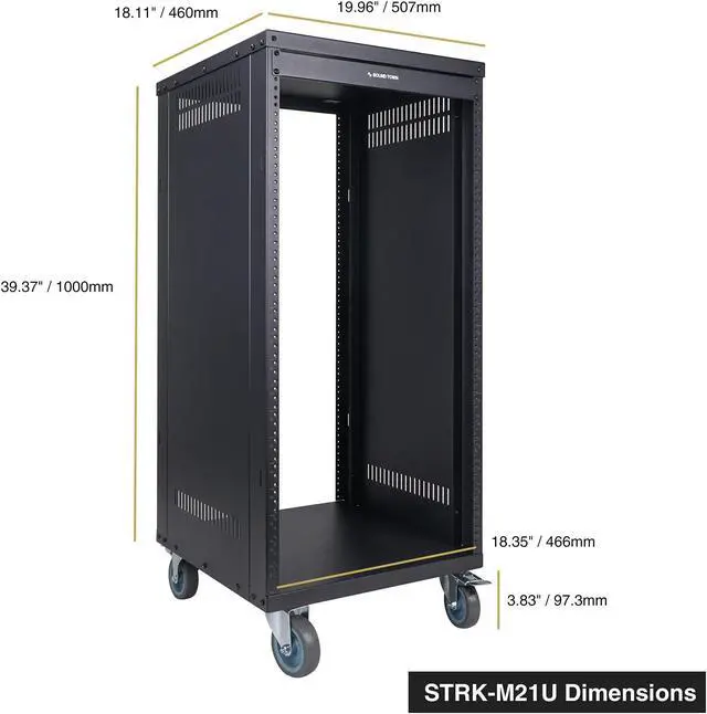 Alt view image 5 of 5 - Sound Town 21U Universal Steel Rack, w/ 3" Locking Casters, Vented Side Panels for Audio Video, Server and Network Equipment (STRK-M21U)
