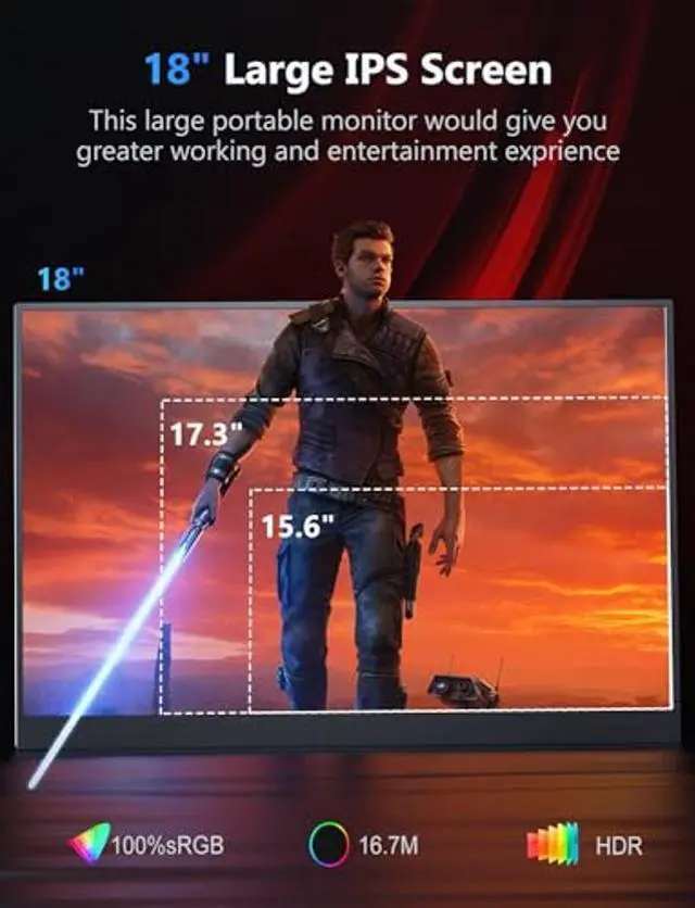 Alt view image 5 of 5 - 2.5K Portable Gaming Monitor, 18" 144Hz IPS Portable Laptop Monitor, Second Screen Dual USB C HDMI Computer Gaming Display with Speakers & Smart Cover, Travel Monitor for PC Phone PS4/5 Xbox Switch