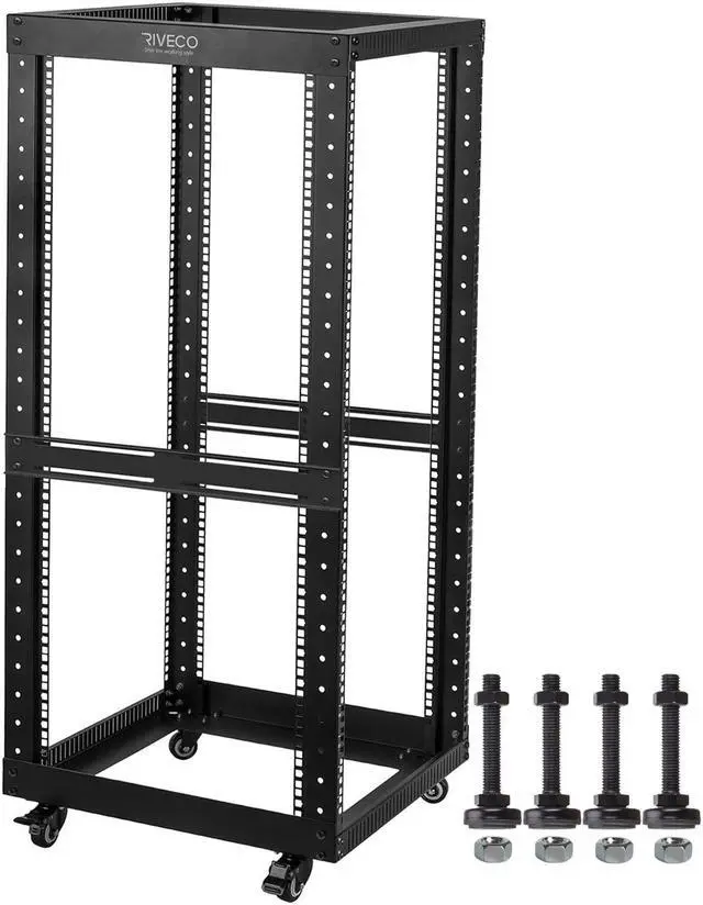 Main image of RIVECO 25U Open Frame Server Rack with Wheels- Heavy Duty 4 Post Quick Assembly 19-inch Support 600KG Equipment Thick Cold Rolled Steel Cabinet Black