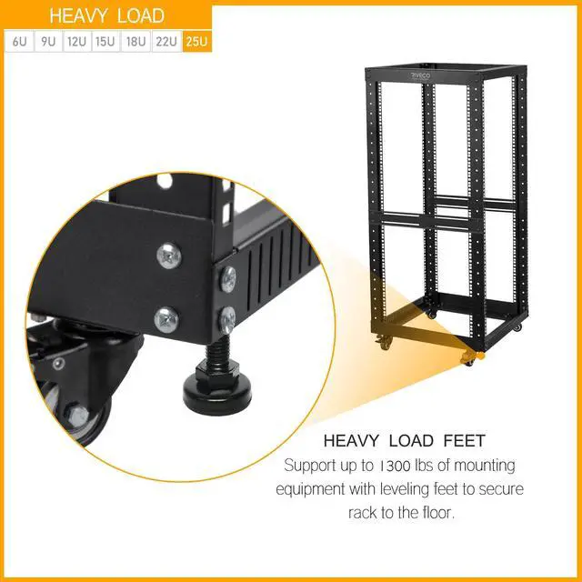Alt view image 3 of 4 - RIVECO 25U Open Frame Server Rack with Wheels- Heavy Duty 4 Post Quick Assembly 19-inch Support 600KG Equipment Thick Cold Rolled Steel Cabinet Black