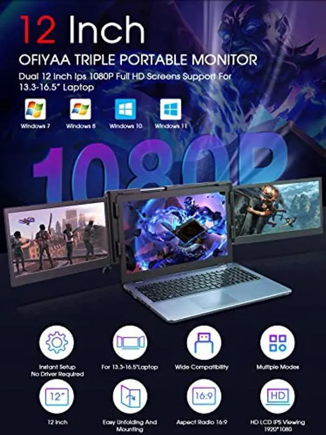 Alt view image 3 of 5 - BQAA 12'' Portable Dual Triple Portable Monitor for Laptop, Laptop Monitor Screen Extender FHD 1080P IPS Screen with Full Function Type-C for 13.3-16.5 Inch Only Windows Laptop/Android Phone P2S