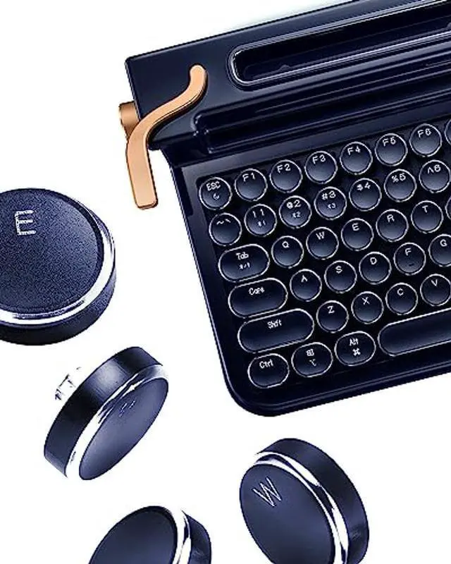 Alt view image 2 of 5 - FINEDAY Keyboard 3.0, Blue Switch, Retro Wireless Mechanical Keyboard, Typewriter Designed, Bluetooth 5.0 & USB up to 4 Devices, for Desktop PC/Laptop Mac/Phone (83 Aluminum keycap-Navy)