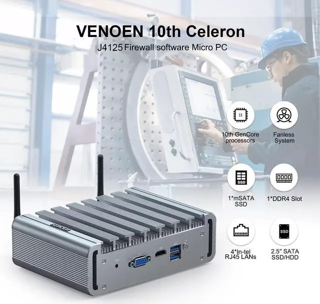 Alt view image 2 of 5 - Fanless Mini PC 2.5Gbe 4 Lan Port, Firewall Appliance Router PC, i225 NICs, Celeron J4125, 8GB DDR4 RAM 128GB SSD, HD-MI, VGA, Wifi, Small Computer, Auto Power On, Windows 10 / Firewall Software
