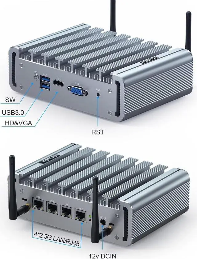 Alt view image 3 of 5 - Fanless Mini PC 2.5Gbe 4 Lan Port, Firewall Appliance Router PC, i225 NICs, Celeron J4125, 8GB DDR4 RAM 128GB SSD, HD-MI, VGA, Wifi, Small Computer, Auto Power On, Windows 10 / Firewall Software