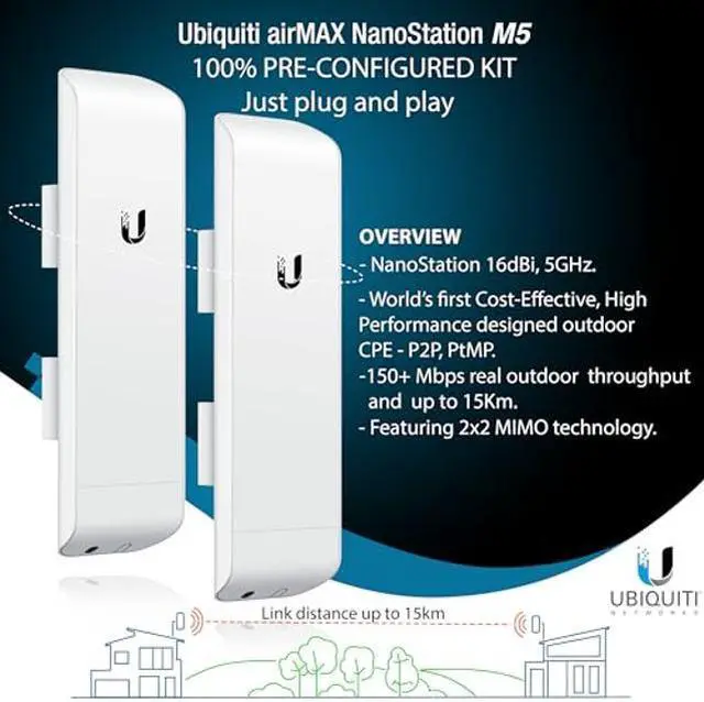 Alt view image 2 of 3 - Pre-Configured Bundle of 2 Ubiquiti NanoStation M5 (NSM5) P2P-2 Units Kit 100% Configured as Network Wireless Bridge for Long Distance Wireless Communications, Plug-and-Play. No Configuration Needed.