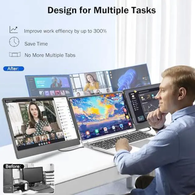 Alt view image 2 of 5 - siaviala Laptop Screen Extender,14" IPS Triple Monitor for Laptop Extension- FHD 1080P Travel Portable Monitor Screen for 13"-17.3" Laptops HDMI/USB-A/Type-C Plug & Play for Wins/Mac/Chrome/Switch
