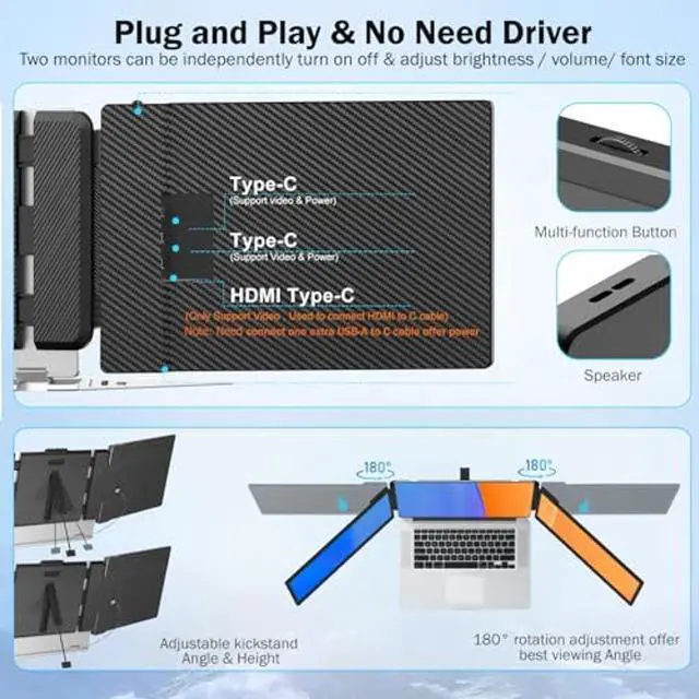 Alt view image 5 of 5 - siaviala Laptop Screen Extender,14" IPS Triple Monitor for Laptop Extension- FHD 1080P Travel Portable Monitor Screen for 13"-17.3" Laptops HDMI/USB-A/Type-C Plug & Play for Wins/Mac/Chrome/Switch