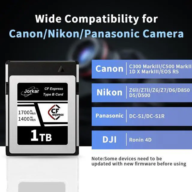 Alt view image 4 of 5 - Jorkar 1TB CFexpress Type B Memory Card, High-Speed Up to 1700MB/s, RAW 8K 4K Photo & Video, for Cameras Camcorders Nikon Z6/Z7/Z8/D6, Canon EOS-1DXMark III/EOS-R5, Panasonic S1/S1R, DJI Ronin 4D