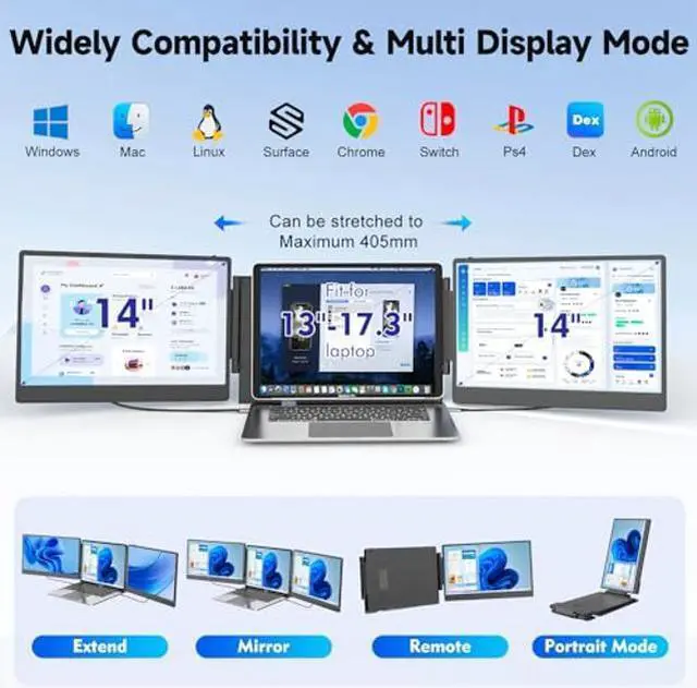 Alt view image 4 of 5 - KEFEYA Laptop Screen Extender, 14" FHD 1080P IPS Triple Portable Monitor for Laptop 13-17.3" with USB-C/HDMI Port, Laptop Monitor Extender for Windows/Mac/Chrome/Surface/Switch/PS5, Plug n Play