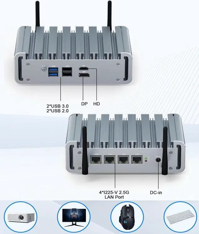 Alt view image 3 of 5 - Fanless N100 Mini PC 2.5Gbe 4 Lan Port, Firewall Appliance Router PC, i225 NICs, Alder Lake, 8GB DDR5 RAM 128GB SSD, HD-MI, DP, Wifi, SIM Card Slot, Auto Power On, Windows 11 / Firewall Software