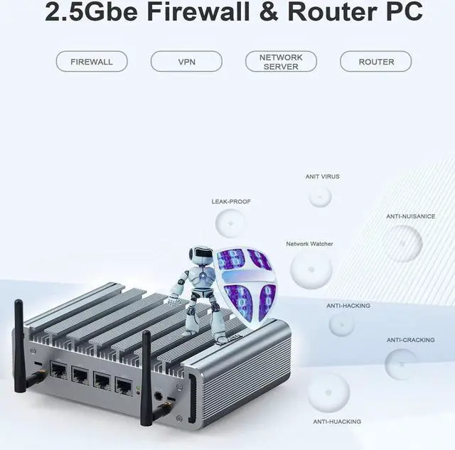 Alt view image 5 of 5 - Fanless N100 Mini PC 2.5Gbe 4 Lan Port, Firewall Appliance Router PC, i225 NICs, Alder Lake, 8GB DDR5 RAM 128GB SSD, HD-MI, DP, Wifi, SIM Card Slot, Auto Power On, Windows 11 / Firewall Software