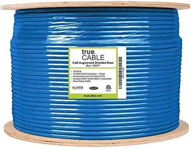 Alt view image 5 of 5 - trueCABLE Cat6A Shielded Riser (CMR), 1000ft, Blue, 23AWG Solid Bare Copper, 750MHz, PoE++ (4PPoE), ETL Listed, Overall Foil Shield (FTP), Bulk Ethernet Cable