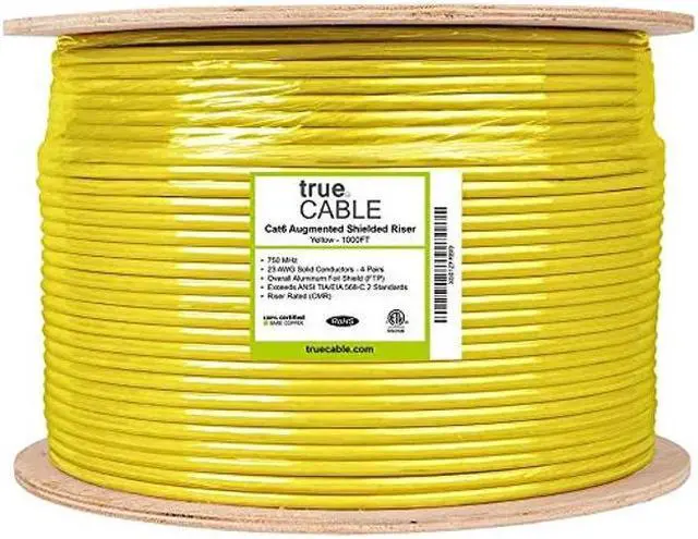 Alt view image 5 of 5 - trueCABLE Cat6A Shielded Riser (CMR), 1000ft, Yellow, 23AWG Solid Bare Copper, 750MHz, PoE++ (4PPoE), ETL Listed, Overall Foil Shield (FTP), Bulk Ethernet Cable