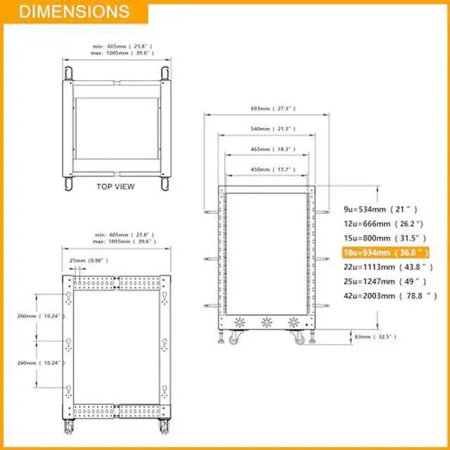 Alt view image 5 of 5 - RIVECO 18U 19" Adjustable Depth Server Rack Support Up to 1700LBS Floor Standing 4 Posts Construction with Load-Bearing Casters Universal for Network Equipment Black