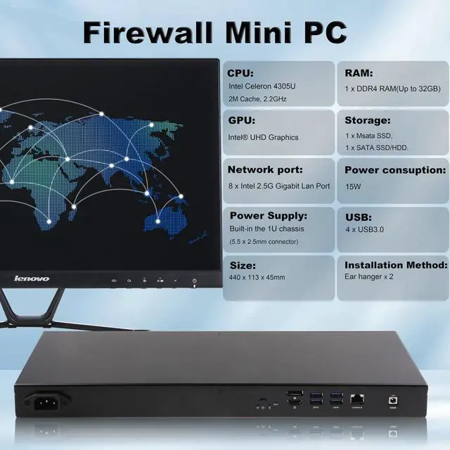 Alt view image 2 of 5 - KETUOPU 1U Rack Mini PC Firewall Router K4305U8 with Celeron 4305U, 8G DDR4 RAM 128G SSD Micro Firewall Appliance, 8*Intel 2.5Gigabit Ethernet, 1*COM(RJ45), AES-NI, for Home/Office/School/Hotel