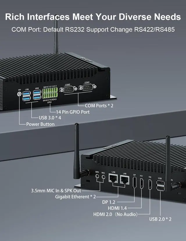 Alt view image 2 of 4 - Baieyu Fanless Mini PC 8GB RAM 256GB SSD Industrial PC, Core i5-8260U Windows 11 Pro Mini Computer with 2 RS232 COM, Support RS422/RS485, 2 HD, DP, 4K Triple Display, 2 RJ45 LAN, GPIO Port, WiFi 5
