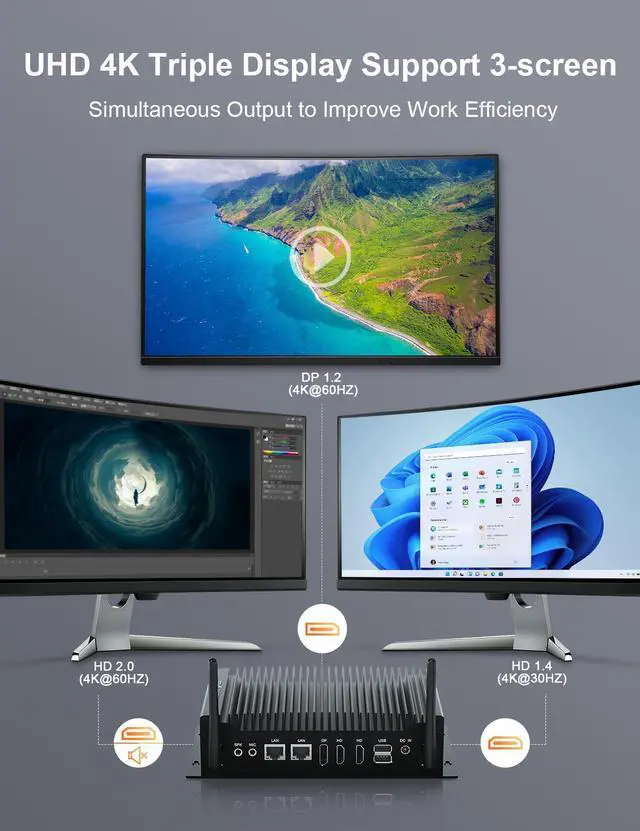 Alt view image 4 of 4 - Baieyu Fanless Mini PC 8GB RAM 256GB SSD Industrial PC, Core i5-8260U Windows 11 Pro Mini Computer with 2 RS232 COM, Support RS422/RS485, 2 HD, DP, 4K Triple Display, 2 RJ45 LAN, GPIO Port, WiFi 5