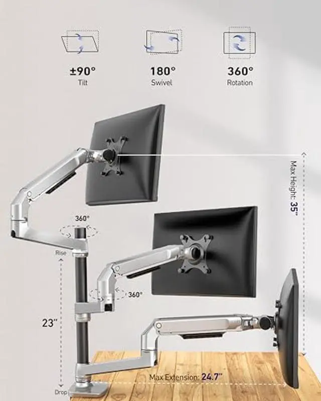 Alt view image 2 of 5 - Ergounion Triple Monitor Mount - Adjustable 3 Monitor Desk Mount, Triple Monitor Stand for Screens up to 40 Inches Within 25 lbs, Monitor Arm for 3 Monitors with C-Clamp and Grommet Base - Silver