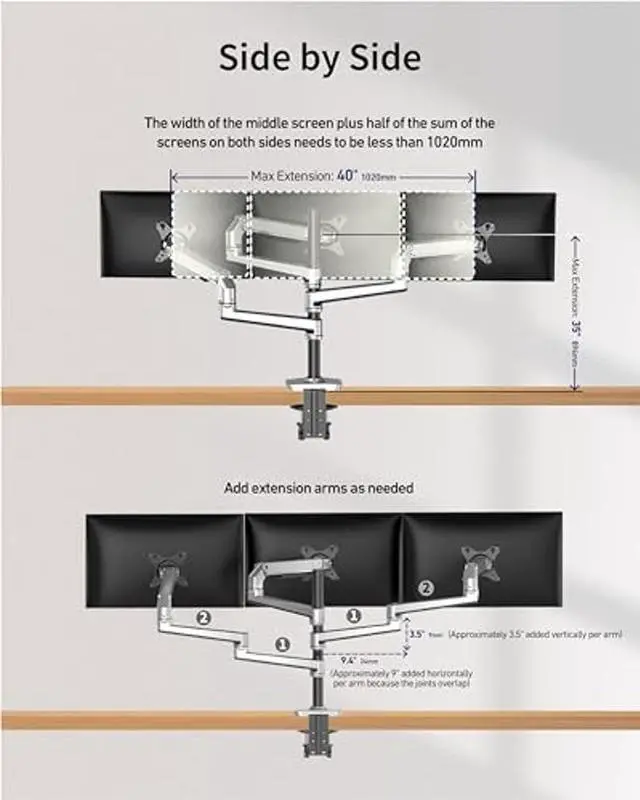 Alt view image 3 of 5 - Ergounion Triple Monitor Mount - Adjustable 3 Monitor Desk Mount, Triple Monitor Stand for Screens up to 40 Inches Within 25 lbs, Monitor Arm for 3 Monitors with C-Clamp and Grommet Base - Silver