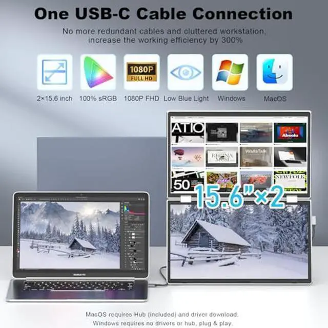 Alt view image 2 of 5 - KEFEYA Laptop Screen Extender, 15.6" Folding Portable Monitor for Laptop, 1080P FHD IPS Triple Monitor Extension for Laptop with Windows MacOS, One Cable/340deg Rotation/VESA Mountable/Ergo Design