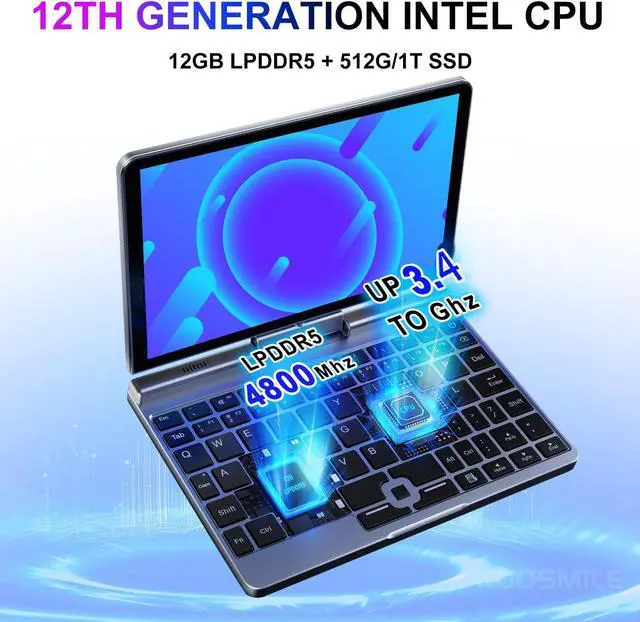 Alt view image 2 of 5 - KOOSMILE Mini Laptop,8 inch HD Touch Screen Mini Computer Windows 11 Pro,Intel N100 4 Cores 2-in-1 Pocket PC 12GB LPDDR5 RAM 512GB M.2 SSD, Gigabit | Wi-Fi 6 | BT5.2 | 2MP Camera | G-Sensor | HDMI