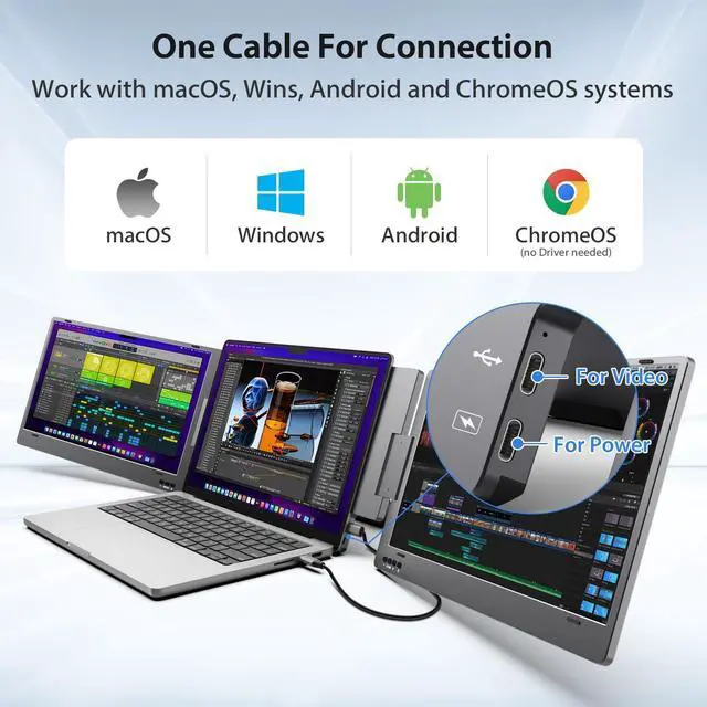 Alt view image 2 of 5 - KYY Laptop Screen Extender, 14'' FHD 1080P USB-C Portable Monitor, IPS Computer Display, Dual Monitor for Triple Screen, Monitor for 12"-16" Laptop (Mac, Wins, Android)