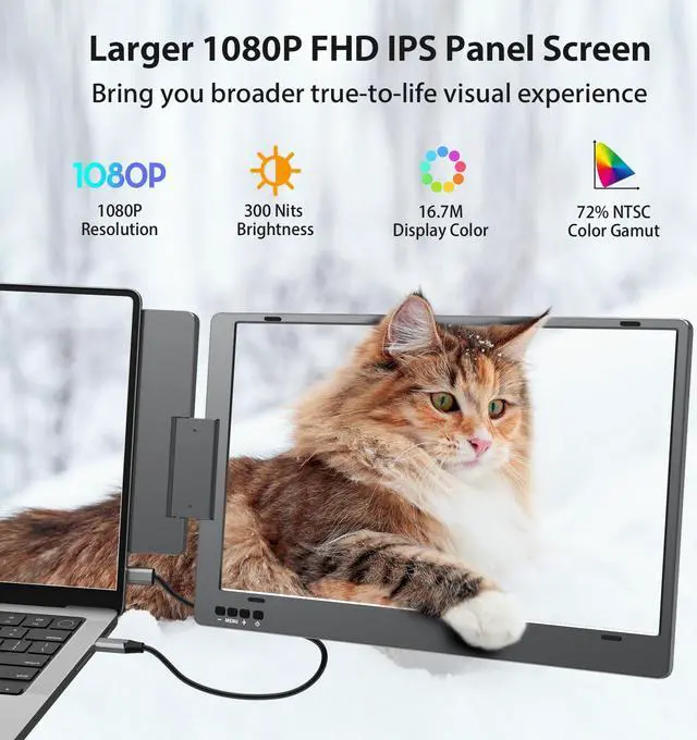 Alt view image 3 of 5 - KYY Laptop Screen Extender, 14'' FHD 1080P USB-C Portable Monitor, IPS Computer Display, Dual Monitor for Triple Screen, Monitor for 12"-16" Laptop (Mac, Wins, Android)
