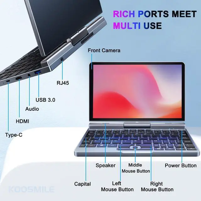Alt view image 5 of 5 - KOOSMILE Mini Laptop,8 inch HD Touch Screen Mini Computer Windows 11 Pro,Intel N100 4 Cores 2-in-1 Pocket PC 12GB LPDDR5 RAM 512GB M.2 SSD, Gigabit | Wi-Fi 6 | BT5.2 | 2MP Camera | G-Sensor | HDMI