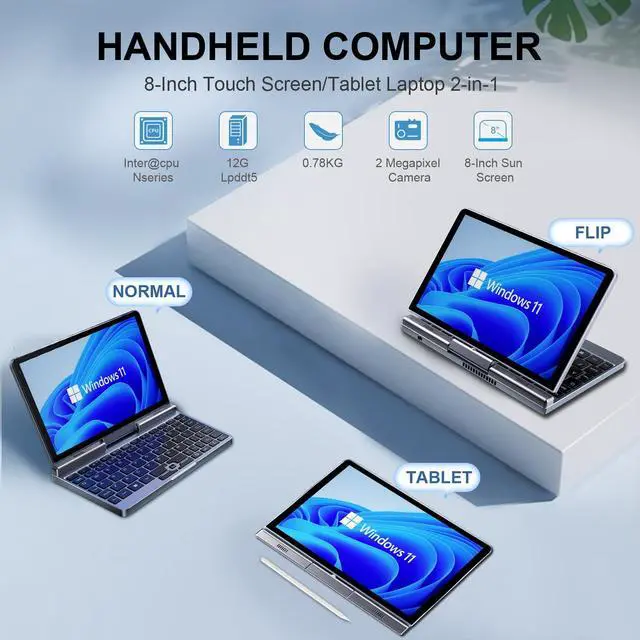 Alt view image 3 of 5 - 8 inch Mini Laptop HD Touchscreen Portable 2-in-1 Small Computer, Windows 11 Pro Laptop for Business and Students,Intel N100 12GB LPDDR5 512GB M.2 SSD,Wi-Fi 6,BT5.2 2MP Camera,G-Sensor,HDMI,Type C