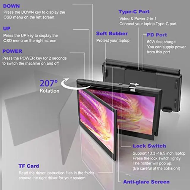 Alt view image 3 of 5 - BQAA 13.3" Portable Dual Triple Portable Monitor for Laptop, Support M1 MacBook Laptop Screen Extension, FHD 1080P IPS Mobile Display Type-C/PD/TF for Windows Mac 13.3"-16.5" Laptops P2 Pro