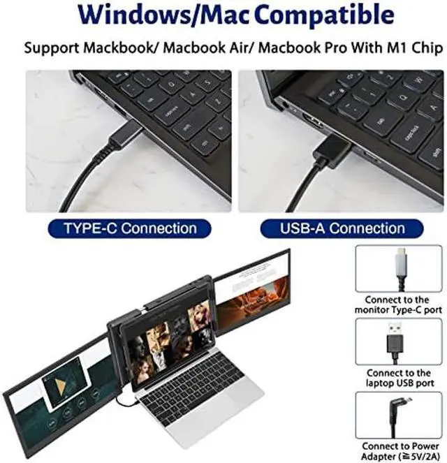 Alt view image 5 of 5 - BQAA 13.3" Portable Dual Triple Portable Monitor for Laptop, Support M1 MacBook Laptop Screen Extension, FHD 1080P IPS Mobile Display Type-C/PD/TF for Windows Mac 13.3"-16.5" Laptops P2 Pro