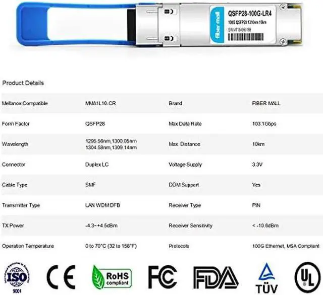 Alt view image 2 of 5 - 100G QSFP28 LR4 for Mellanox MMA1L10-CR, 100GBASE-LR4 QSFP28 Optical Transceiver Module,1310nm 10km LAN WDM LC SMF DOM