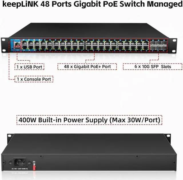 Alt view image 2 of 5 - keepLiNK 48 Port Gigabit PoE Switch Managed, with 48 PoE+ Ports @400W, 6 10G SFP Slots, IPv6 Static Routing, Desktop or Rackmount