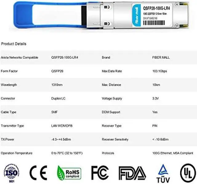 Alt view image 2 of 5 - 100G QSFP28 LR4 for Arista Networks QSFP-100G-LR4, 100GBASE-LR4 QSFP28 Optical Transceiver Module,1310nm 10km LAN WDM LC SMF DOM
