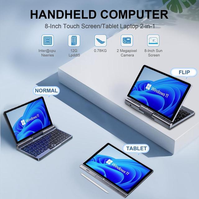 Alt view image 2 of 5 - 8 inch Mini Laptop HD Touchscreen Portable 2-in-1 Computer,Windows 11 Pro Small Laptop for Business and Students,Intel N100 12GB LPDDR5 1TB M.2 SSD,Wi-Fi 6,BT5.2 2MP Camera,G-Sensor,HDMI,Type C