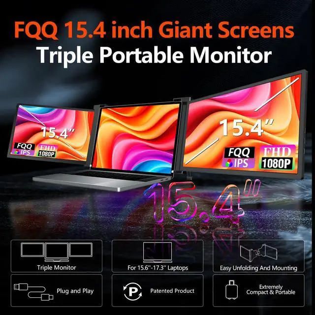 Alt view image 2 of 4 - FQQ 15.4" Triple Portable Monitor for 15.6-17.3" Laptops, 1080P FHD IPS Laptop Screen Extender, Dual Monitor Display Compatible with MacOS, Windows, M1 Pro, M1 Max, Powered by USB-C & HDMI