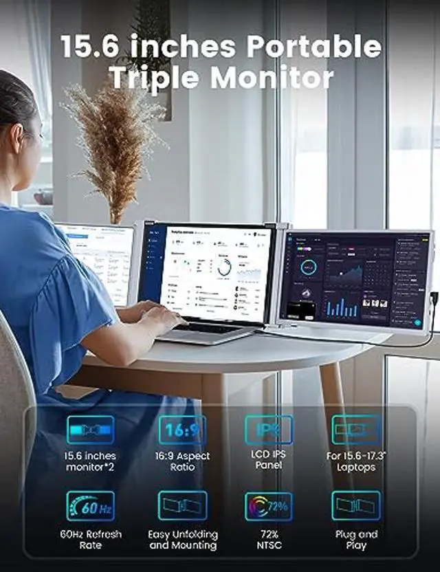 Alt view image 2 of 5 - FOPO 15.6" Triple Portable Monitor for Laptop, FHD 1080P IPS Laptop Screen Extender for Dual Monitor Display, USB-C & HDMI Plug and Play Portable Monitor for 15.6-19" Laptops (Mac, Windows), Grey