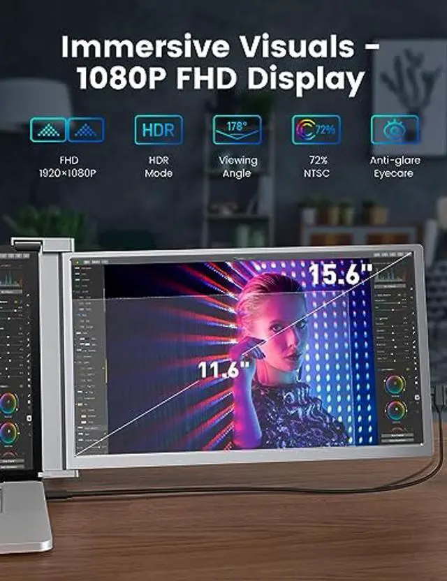 Alt view image 5 of 5 - FOPO 15.6" Triple Portable Monitor for Laptop, FHD 1080P IPS Laptop Screen Extender for Dual Monitor Display, USB-C & HDMI Plug and Play Portable Monitor for 15.6-19" Laptops (Mac, Windows), Grey