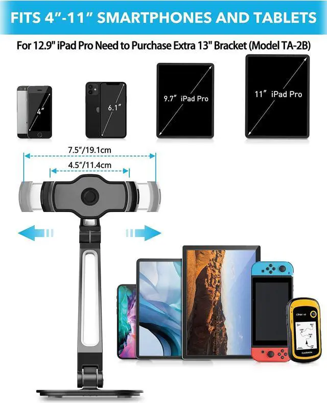 Alt view image 2 of 5 - AboveTEK Long Arm Aluminum Tablet Stand Fits 4-11" Display Tablet/Phones, Stylish Aluminum Tablet Stand Fits 4-11" Tablets/Smartphones for Kitchen Bedside Office Table POS Kiosk Showroom