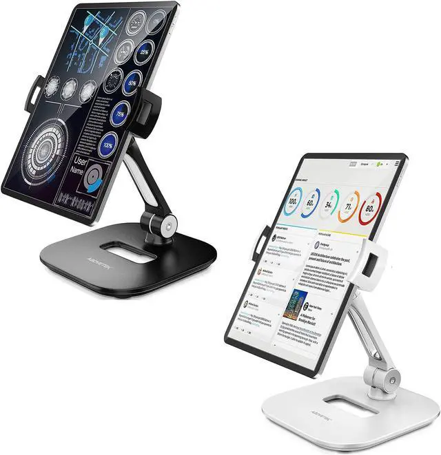 Main image of AboveTEK Stylish Aluminum Tablet Stand, iPad Stand, Folding 360deg Swivel iPad iPhone Desk Mount Holder fits 4-11" Tablets/Smartphones for Kitchen Bedside Office Table POS Kiosk Showroom