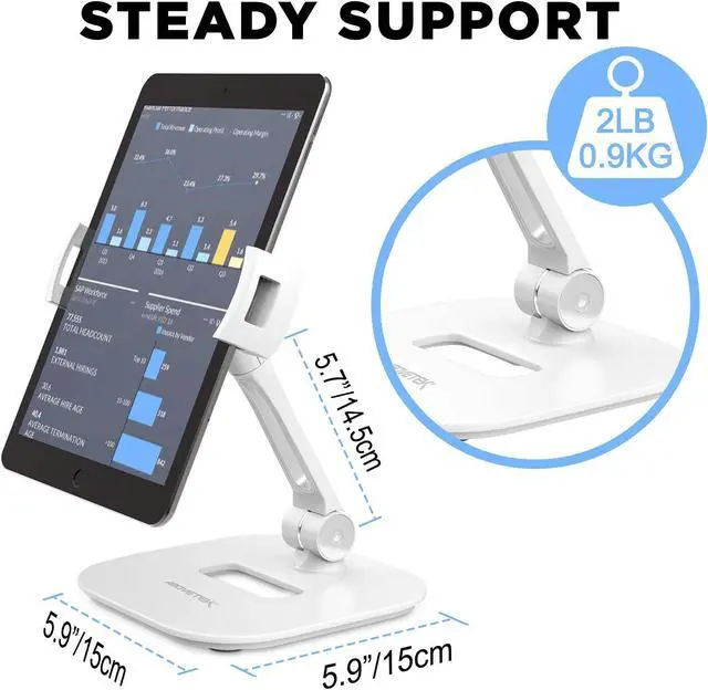 Alt view image 4 of 5 - AboveTEK Stylish Aluminum Tablet Stand, iPad Stand, Folding 360deg Swivel iPad iPhone Desk Mount Holder fits 4-11" Tablets/Smartphones for Kitchen Bedside Office Table POS Kiosk Showroom