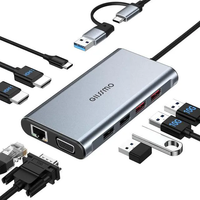 Main image of USB Docking Station Dual Monitor, GIISSMO 9-in-1 USB A 3.0 / USB C Docking Station Triple Monitor with 2 HDMI,VGA, 10Gbps USB 3.1, Gigabit Ethernet, Triple Display for Mac & MacBook & Windows Laptop