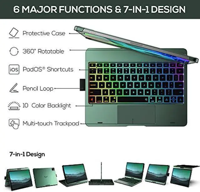 Alt view image 3 of 5 - typecase Touch Keyboard Case for iPad Pro 11 inch - Multi-Touch Trackpad & 11 Colors Backlight & 360deg Rotatable - Thin & Light for iPad Pro 11 & iPad Air 5th & 4th Gen & Pencil - Midnight Green
