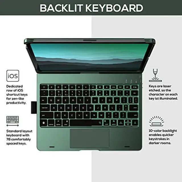 Alt view image 5 of 5 - typecase Touch Keyboard Case for iPad Pro 11 inch - Multi-Touch Trackpad & 11 Colors Backlight & 360deg Rotatable - Thin & Light for iPad Pro 11 & iPad Air 5th & 4th Gen & Pencil - Midnight Green
