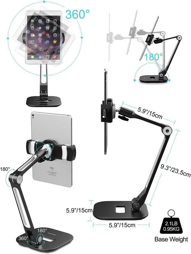 Alt view image 3 of 4 - AboveTEK Long Arm Aluminum Tablet Stand Fits 4-11" Display Tablet/Phones, Phone Tablet Stand Holder with Suction Cup Fits 4-11", Tablet Holder for Kitchen Table Bedside Office POS Kiosk Reception