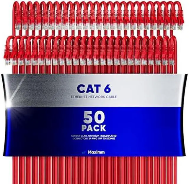 Main image of Maximm Cat 6 Ethernet Cable 4 Ft, (50-Pack) Cat6 Cable, LAN Cable, Internet Cable, Patch Cable and Network Cable - UTP (Red) 4 Feet ethernet Cord
