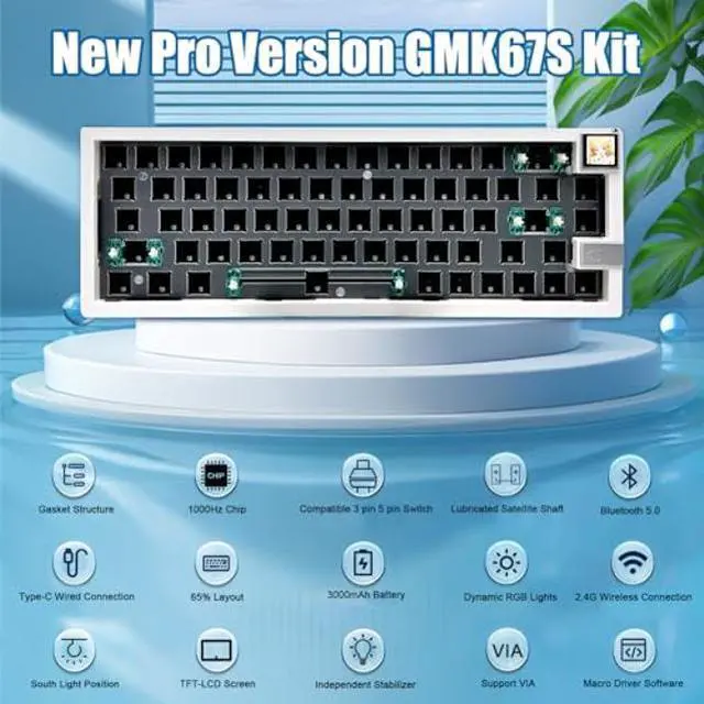 Alt view image 3 of 5 - BOYI GMK67S-65% Keyboard Kit,Hot-Swap Bluetooth5.0/2.4G/Type-C Tri-Mode Wireless RGB Mechanical Keyboard TFT-LCD Screen Gasket Structure Kit,Customized VIA-programmable Keyboard Kit(White)