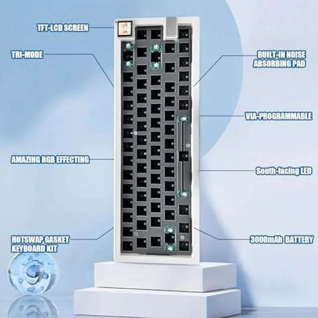 Alt view image 4 of 5 - BOYI GMK67S-65% Keyboard Kit,Hot-Swap Bluetooth5.0/2.4G/Type-C Tri-Mode Wireless RGB Mechanical Keyboard TFT-LCD Screen Gasket Structure Kit,Customized VIA-programmable Keyboard Kit(White)