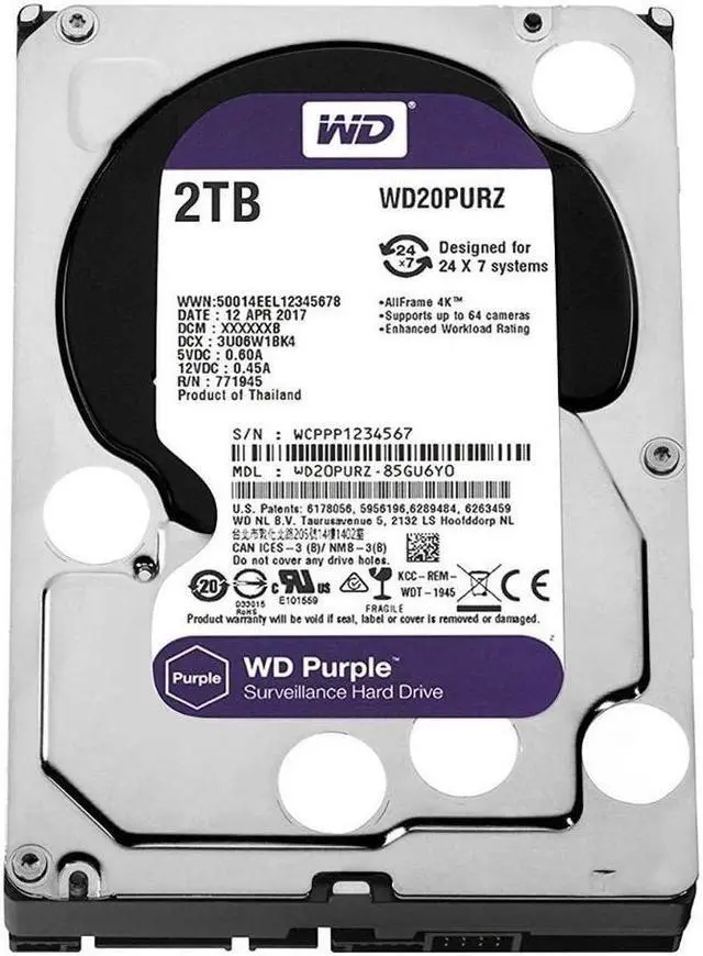 Alt view image 2 of 5 - Western Digital 2TB WD Purple Surveillance Internal Hard Drive HDD - SATA 6 Gb/s, 64 MB Cache, 3.5" - WD20PURZ