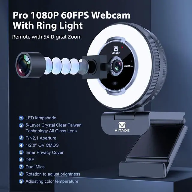 Alt view image 2 of 5 - Zoomable Webcam with Remote Control, Vitade 1080P 60FPS Streaming Webcam with Ring Light and Microphone, Pro USB Webcam with 5X Digital Zoom Built in Privacy Cover for Zoom/Skype Teams/PC/Laptop/Mac